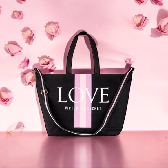 NWT Weekend BAG VICTORIA’S SECRET Love Tote Bag Strips Canvas Shopper Travel Bag - Picture 1 of 8